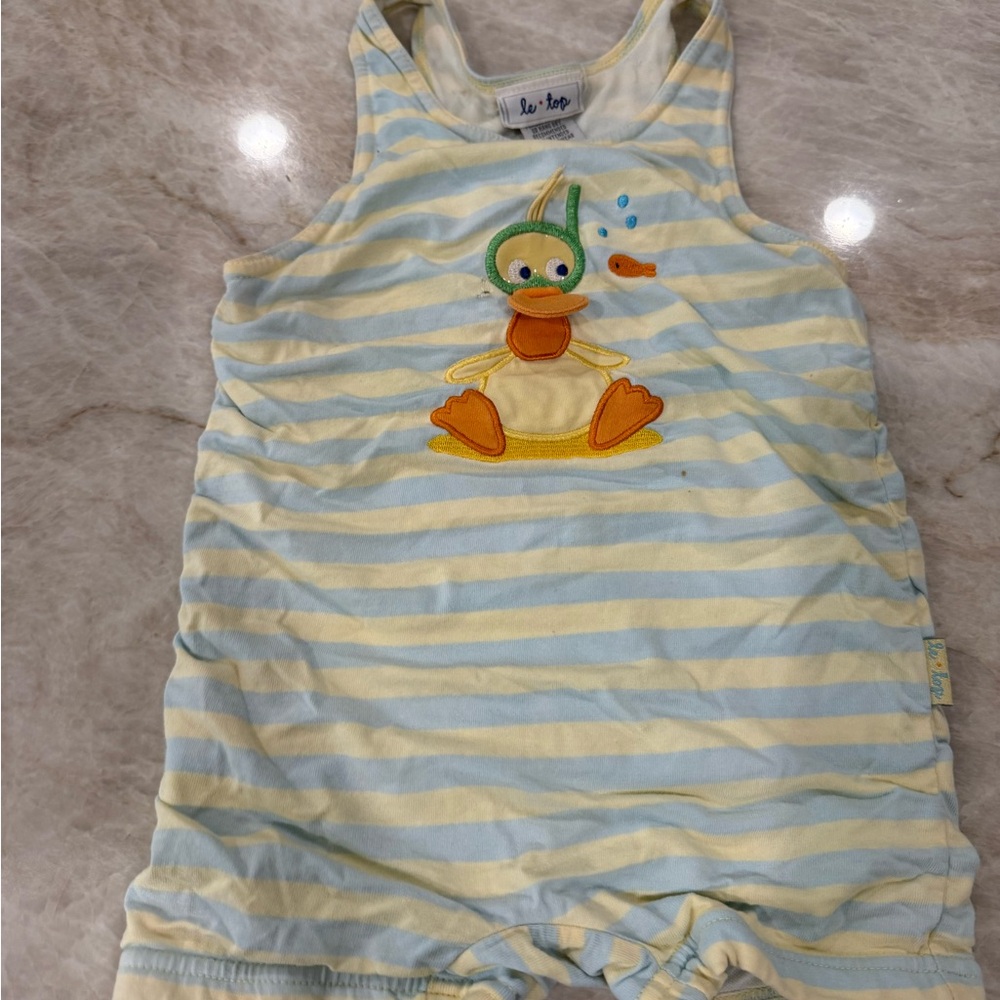 Vintage Le Top Duck Appliqué swimsuit Blue and Yellow 24 months